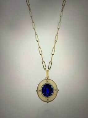 STUNNING DESIGNER GOSHWARA 18K GOLD SAPPHIRE DIAMOND ROUND PENDANT NECKLACE